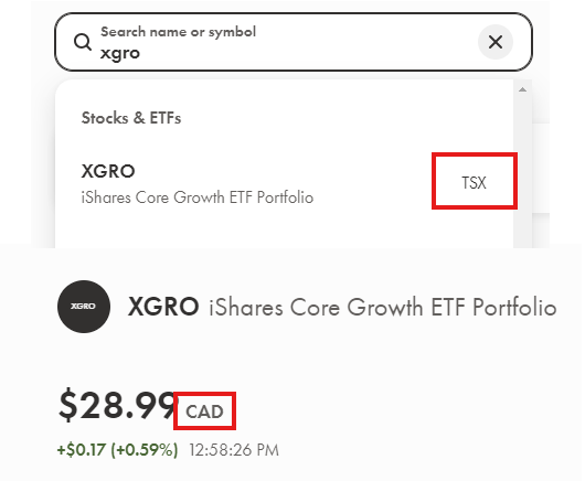 Example showing CAD currency and TSX exchange on Wealthsimple